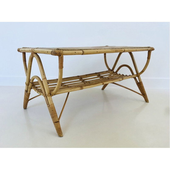 Image 1 of Vintage salontafel in rotan en keramische tegels, Frankrijk 1960