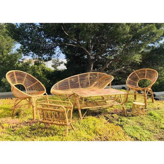 Image 1 of Vintage salontafel in rotan en keramische tegels, Frankrijk 1960