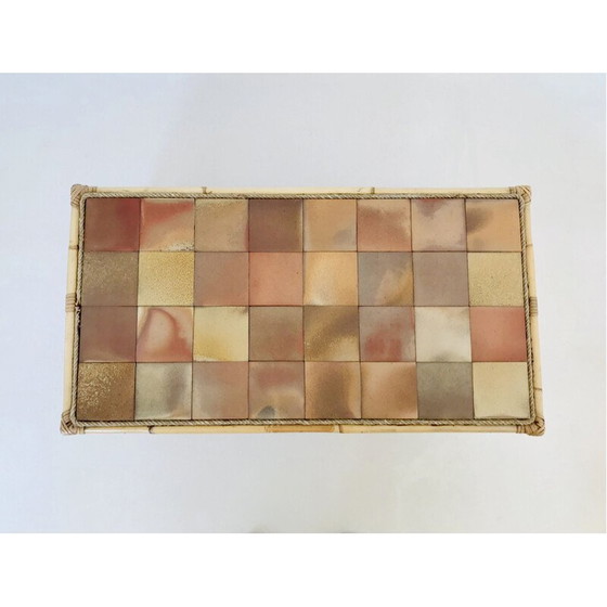 Image 1 of Vintage salontafel in rotan en keramische tegels, Frankrijk 1960