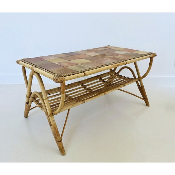 Image 1 of Vintage salontafel in rotan en keramische tegels, Frankrijk 1960