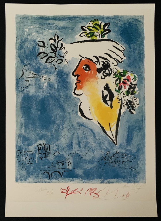 Image 1 of Marc Chagall “Le Ciel Bleu, 1964” Kleurenlitho. Getekend In De Plaat. Van Hoge Kwaliteit. In Uitstekende Staat.