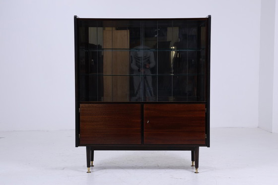 Image 1 of Smal vintage highboard jaren 60 | Mid Century vitrinekast woonkamer | retro spiegelkast