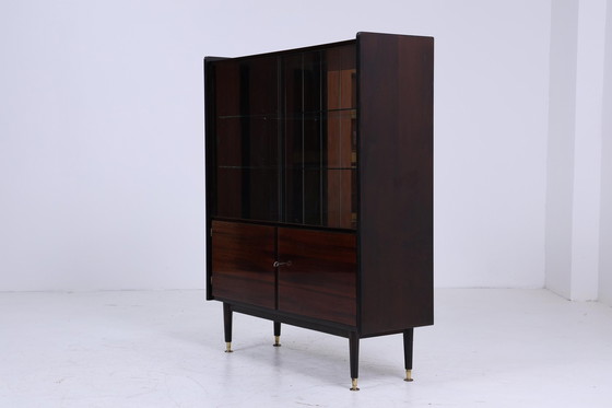 Image 1 of Smal vintage highboard jaren 60 | Mid Century vitrinekast woonkamer | retro spiegelkast