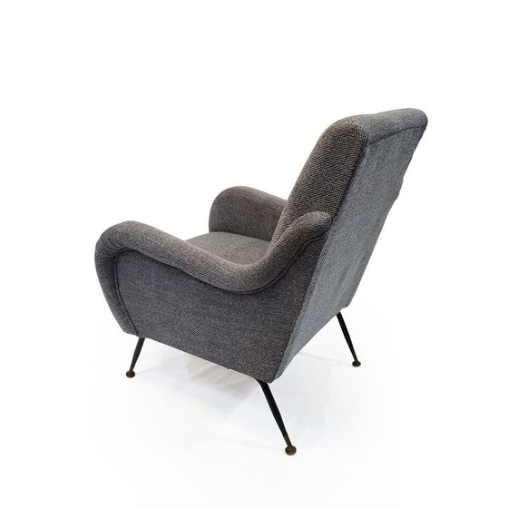 Image 1 of Vintage fauteuil met koperen poten en grijze stoffen bekleding, jaren 1950