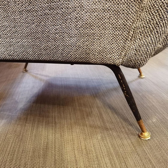 Image 1 of Vintage fauteuil met koperen poten en grijze stoffen bekleding, jaren 1950
