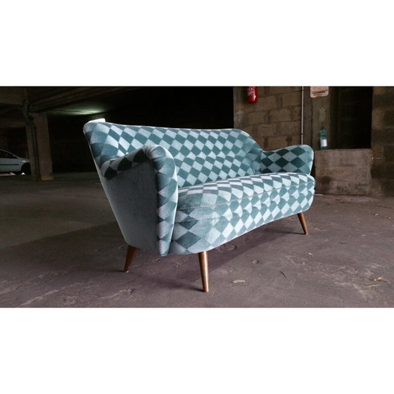 Image 1 of Blauw turquoise bank met ruitmotieven - jaren 1950