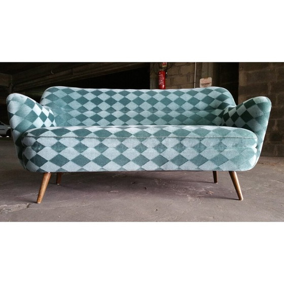 Image 1 of Blauw turquoise bank met ruitmotieven - jaren 1950
