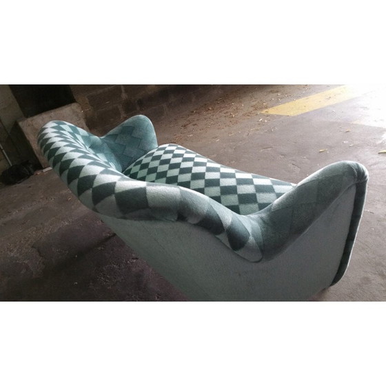 Image 1 of Blauw turquoise bank met ruitmotieven - jaren 1950