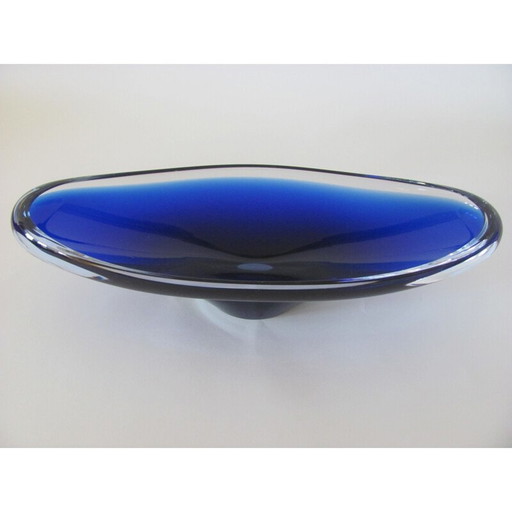 Vintage ovale blauwe glazen kom, Tsjechoslowakije 1960