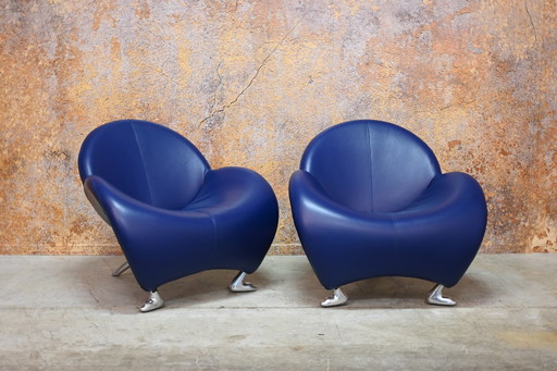 Blauwe Leren Leolux Papageno Design Fauteuil (2 Beschikbaar)