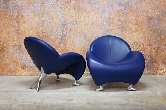 Image 1 of Blauwe Leren Leolux Papageno Design Fauteuil (2 Beschikbaar)