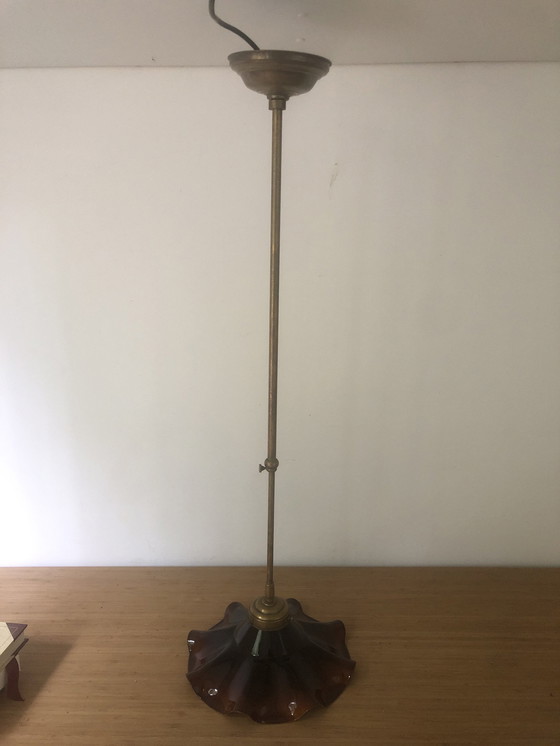 Image 1 of Vintage Franse Hanglamp Gegolfd Bruin Emaille Met Koper