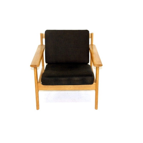 Image 1 of Scandinavische vintage fauteuil in eikenhout en zwarte katoenen stof, Zweden 1960