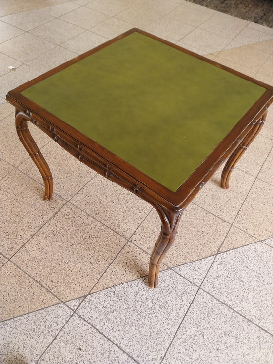 Image 1 of Giorgetti Stijl speeltafel met groen lederen bovenblad 85 x 85cm 