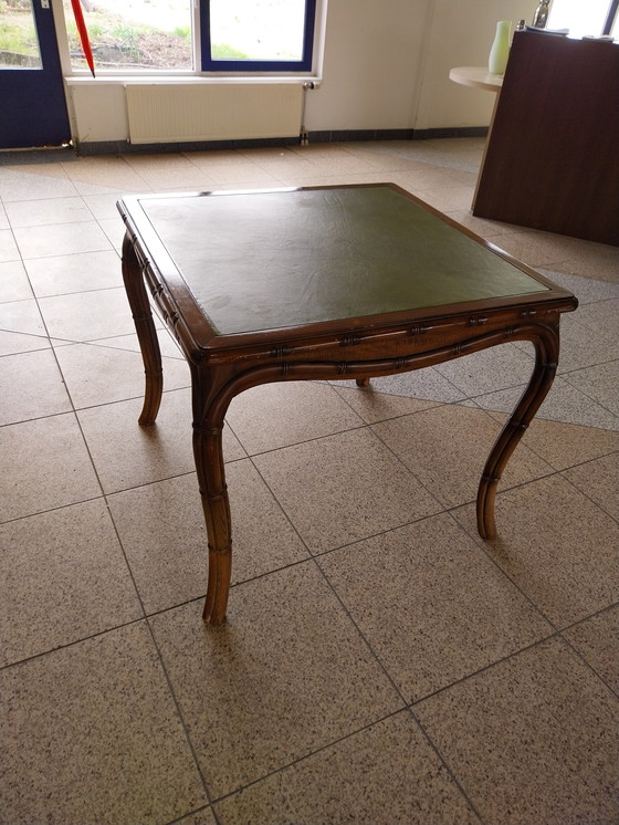 Image 1 of Giorgetti Stijl speeltafel met groen lederen bovenblad 85 x 85cm 