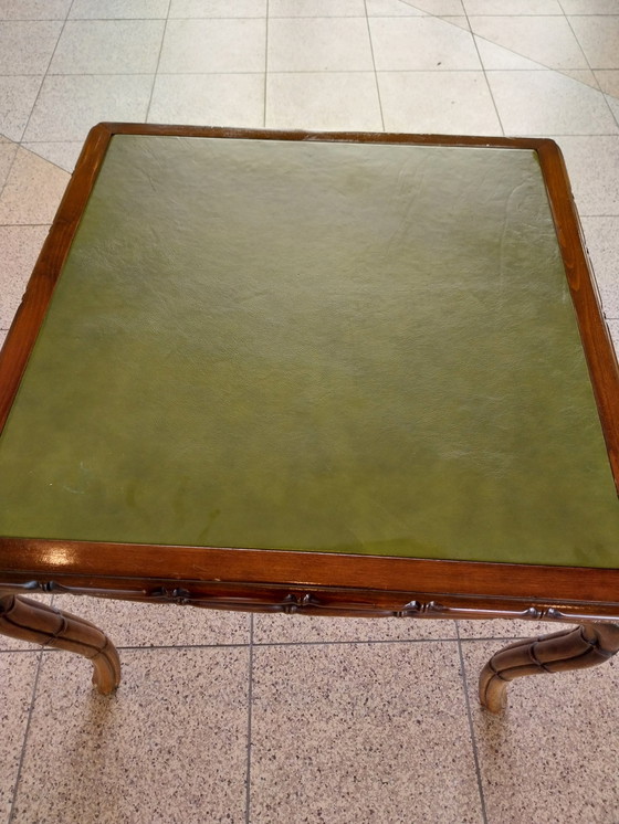 Image 1 of Giorgetti Stijl speeltafel met groen lederen bovenblad 85 x 85cm 