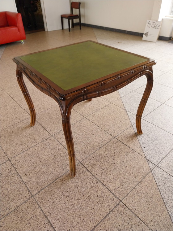 Image 1 of Giorgetti Stijl speeltafel met groen lederen bovenblad 85 x 85cm 