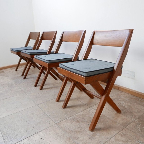 Image 1 of Set van 4 vintage bibliotheekstoelen van Pierre Jeanneret, India 1960