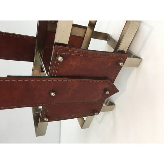 Image 1 of Vintage flessenhouder van geborsteld staal en leer