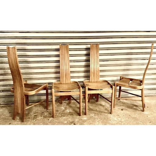 Set van 4 vintage gebogen massief eikenhouten stoelen, 1970