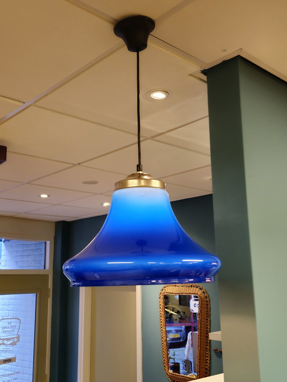 Image 1 of Vintage Blauwe Hanglamp Plafondlamp Kunststof 