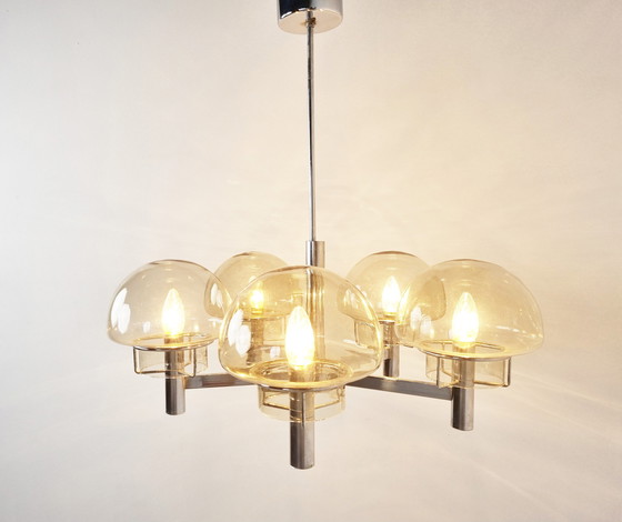 Image 1 of Vintage Italiaanse kroonluchter van glas en chroom, jaren 70