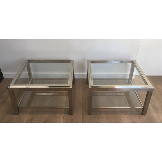 Image 1 of Paar vintage chromen bijzettafeltjes met glazen bladen, 1970