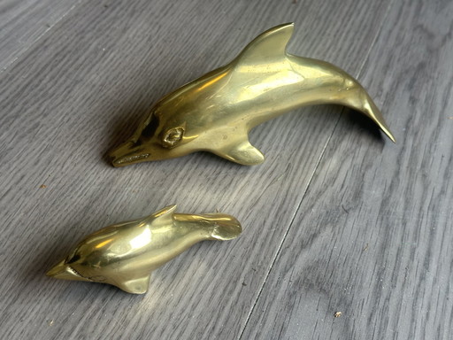 2x Vintage brass messing dolfijnen jaren 70 decoratie