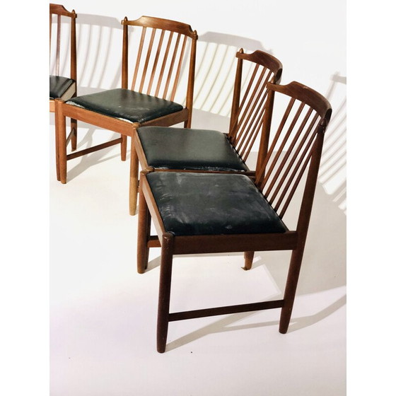 Image 1 of Set van 5 Scandinavische vintage stoelen in hout en zwart kunstleer, Zweden 1960