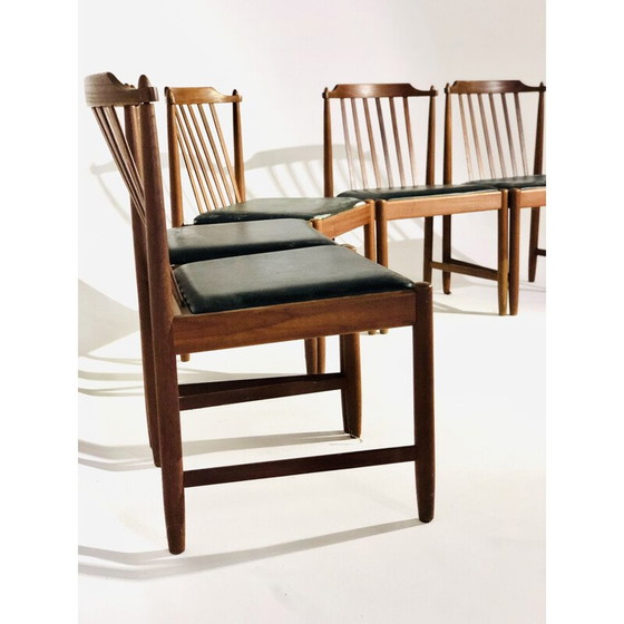 Image 1 of Set van 5 Scandinavische vintage stoelen in hout en zwart kunstleer, Zweden 1960