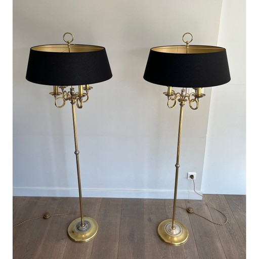 Paar vintage vloerlampen in geborsteld staal en messing