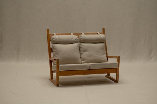 Deense eiken en linnen love chair 1960S