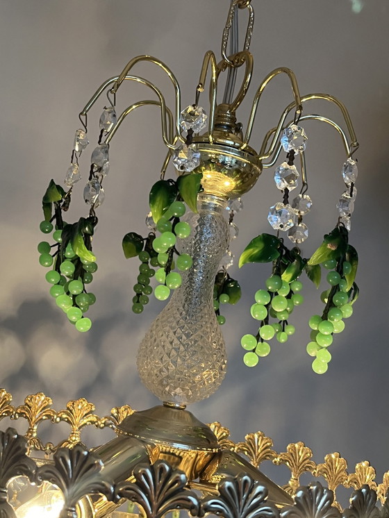 Image 1 of Vintage Teardrop Druiven  Groene Opaline Kristallen Kroonluchter Hanglamp Vintage 