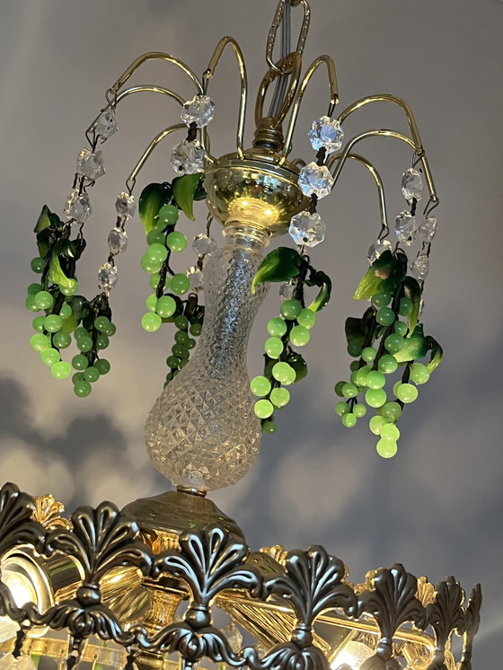 Image 1 of Vintage Teardrop Druiven  Groene Opaline Kristallen Kroonluchter Hanglamp Vintage 