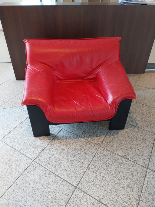 1 X 1970'S Rood Lederen Robuuste Fauteuil. 