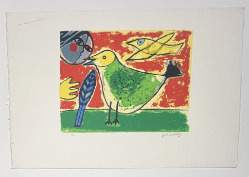 Gesigneerd; Guillaume Corneille zeefdruk op dik perkamentpapier L'Oiseau À La Lune, Circa 1992