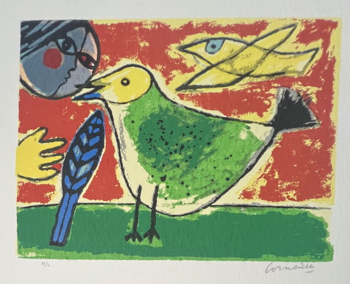 Gesigneerd; Guillaume Corneille zeefdruk op dik perkamentpapier L'Oiseau À La Lune, Circa 1992