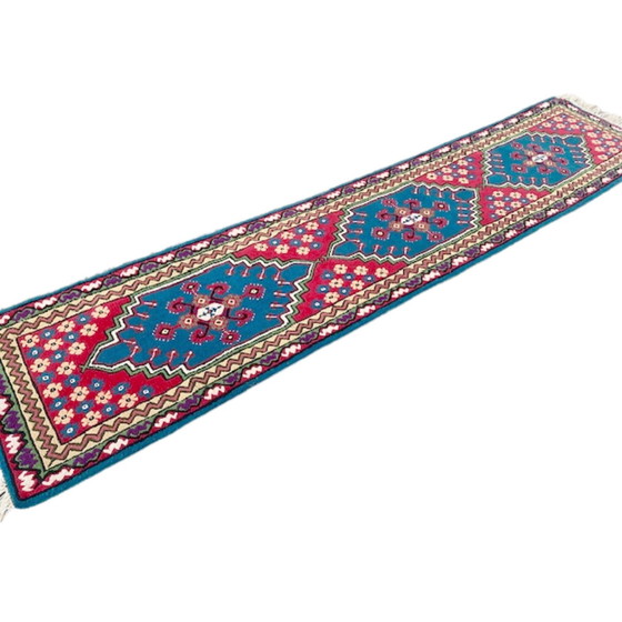 Image 1 of Vintage handgeknoopt Perzisch tapijt loper Kairouan 350 cm turquoise