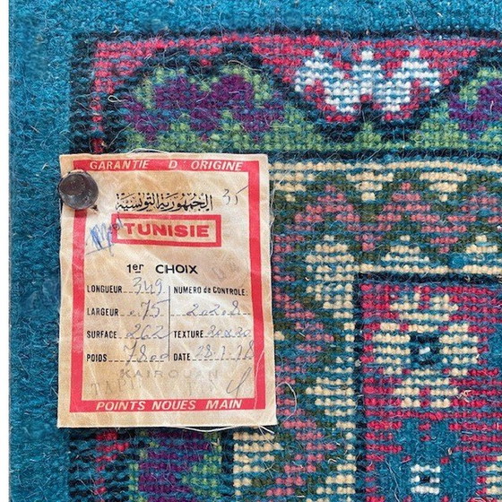 Image 1 of Vintage handgeknoopt Perzisch tapijt loper Kairouan 350 cm turquoise