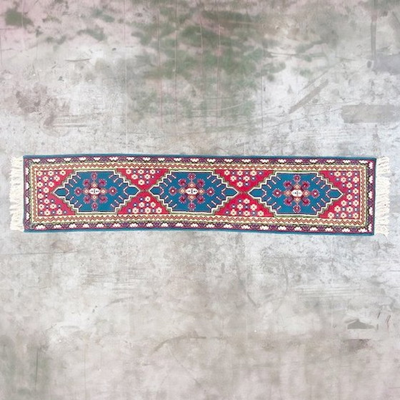 Image 1 of Vintage handgeknoopt Perzisch tapijt loper Kairouan 350 cm turquoise