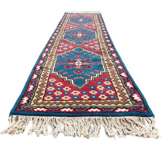 Image 1 of Vintage handgeknoopt Perzisch tapijt loper Kairouan 350 cm turquoise