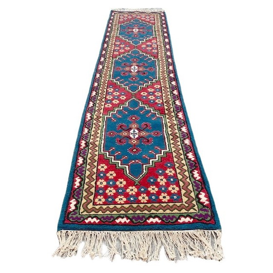 Image 1 of Vintage handgeknoopt Perzisch tapijt loper Kairouan 350 cm turquoise