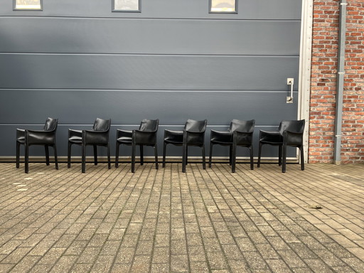 6X Cassina Cab Armchairs Mario Bellini, Zwart Leder