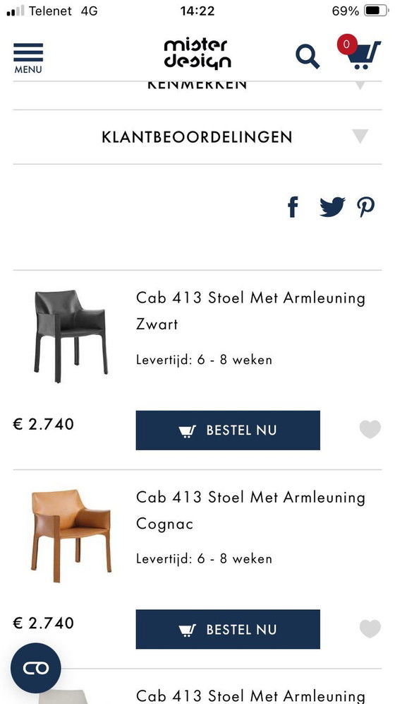 Image 1 of 6X Cassina Cab Armchairs Mario Bellini, Zwart Leder