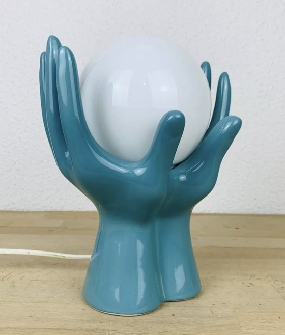 Image 1 of Blauwe keramiek en vintage glazen bol handlamp