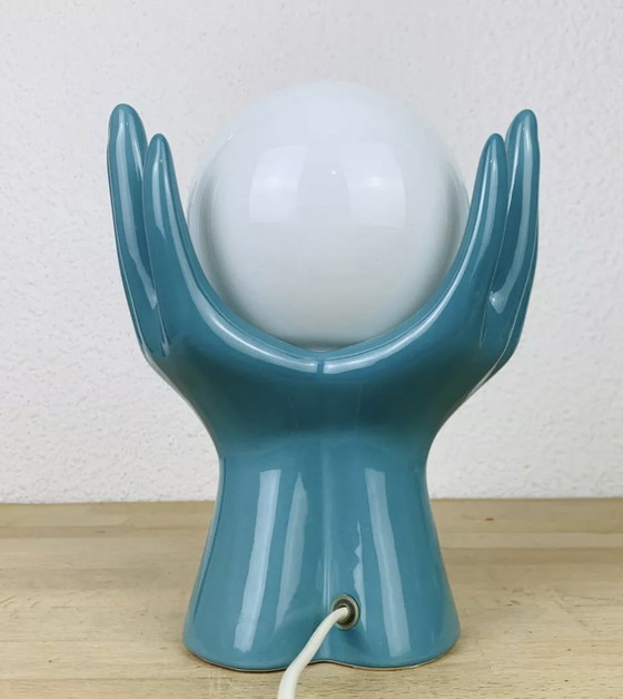 Image 1 of Blauwe keramiek en vintage glazen bol handlamp