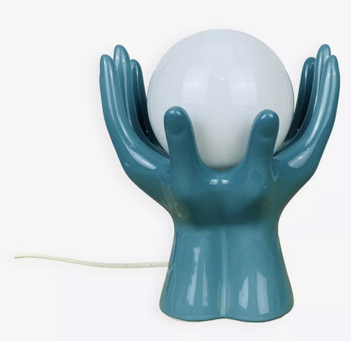 Blauwe keramiek en vintage glazen bol handlamp