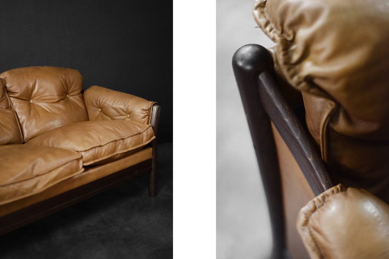 Image 1 of Vintage Mid Century Deense Moderne Cognac Leren 3-zitsbank, 1960S