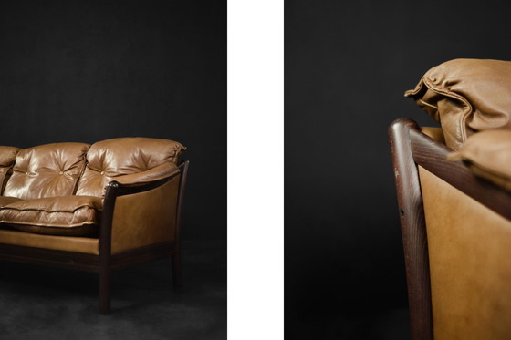 Image 1 of Vintage Mid Century Deense Moderne Cognac Leren 3-zitsbank, 1960S