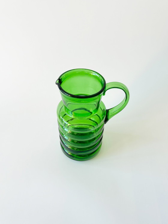 Image 1 of Vintage glazen en karaf set, 6-delig, groen drinkgerei van glas, bubbelglas